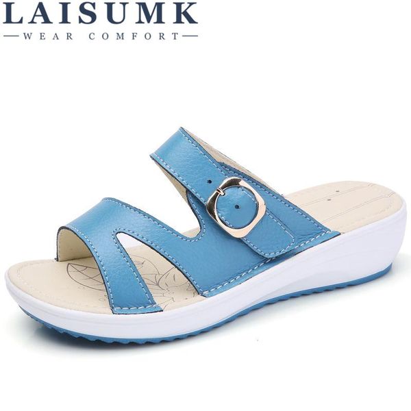 

dress shoes laisumk women sandals leather flat low heel wedges summer open toe platform sandalias gladiator, Black