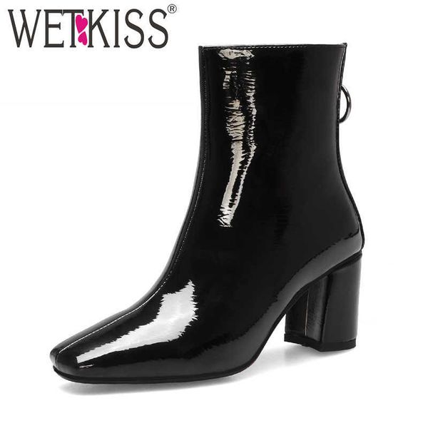

wetkiss high heels thick ankle boots women patent pu booties shoes female square toe shoes ladies zip party shoes winter 210630, Black