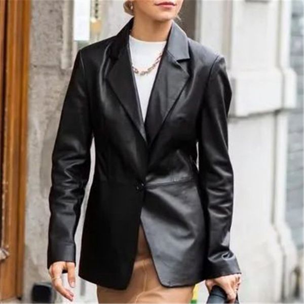 Cappotto blazer da tasca in ecopelle vintage elegante PU Cappotto da donna a maniche lunghe moda femminile Blazer Capispalla Chic Top 210430