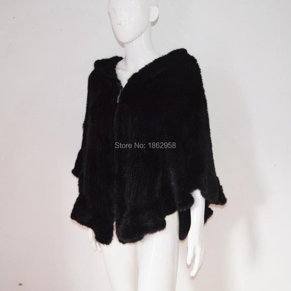 

women's fur & faux sj467 mexico style zipper closure import mink poncho, Black