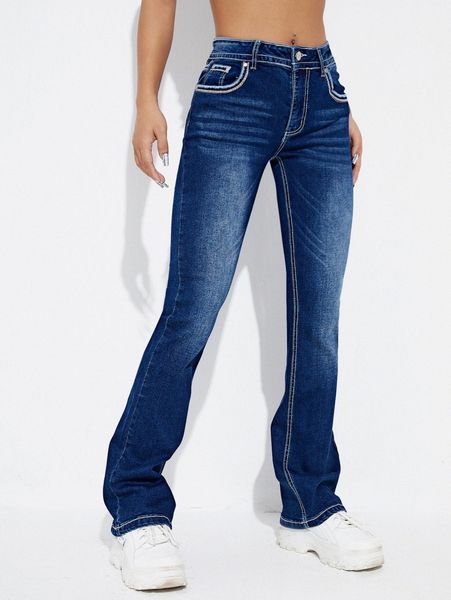 

contrast stitch flap pocket flare jeans u9gb#, Blue