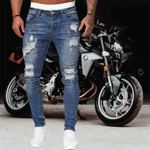 Kot erkekler skinny mavi kalem pantolon yırtık motosiklet parti rahat pantolon sokak giyim denim adam clothin 210716