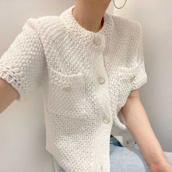 

runway korean causal women's knitwear short sleeve single breasted o-neck knitted coat fashion cardigan jacket 210529, White;black