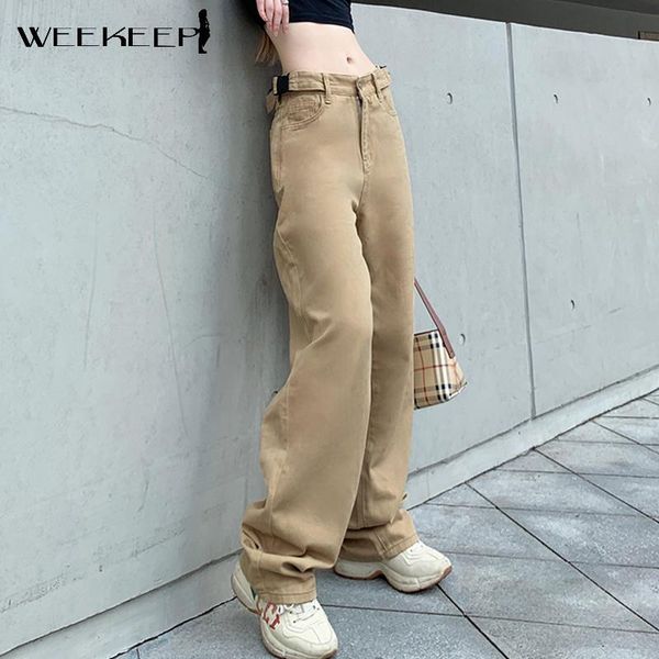 

women's jeans weekeep solid buckle high waist women baggy khaki wide-leg denim pants summer harajuku y2k fashion korean basic streetwea, Blue