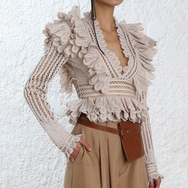 

women's blouses & shirts [menkay] 2021 autumn zim hollow out v neck ruffles spliced women shirt, White