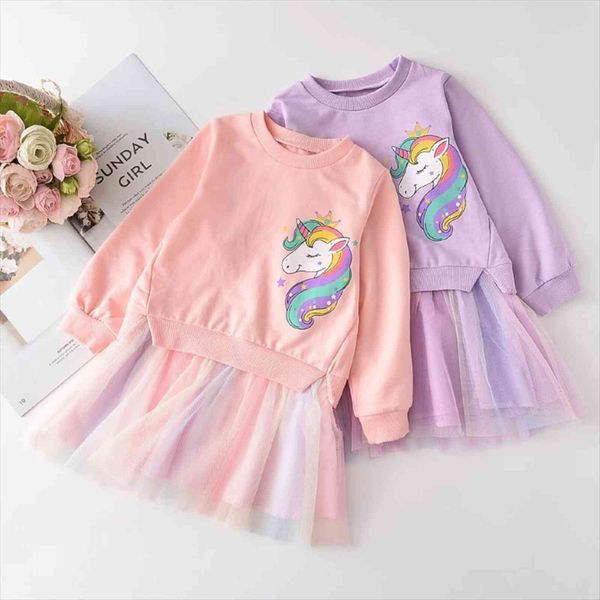 

girl spring cartoon autumn style dresses cute vestido full sleeve unicorn patchwork kids mesh princess clothes, Red;yellow