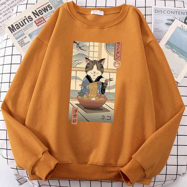 

neko ramen ukiyo-e japan comics print clothing male pattern oversize hoody fce sweatshirt fashion crewneck hoodi, Black