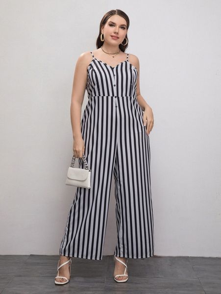 

plus striped button front cami jumpsuit y7e1#, Black