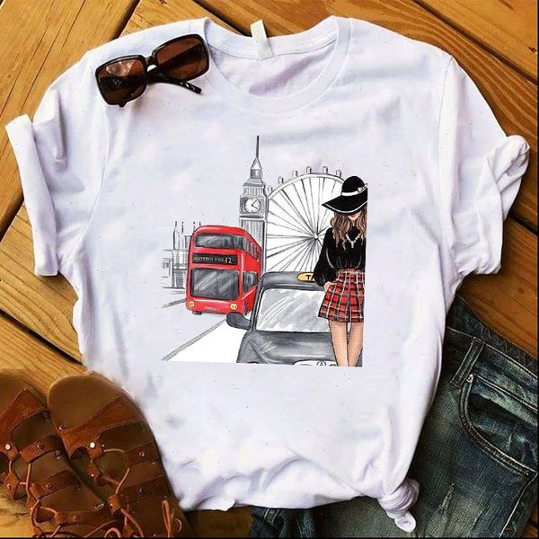 

bus girl printed short sleeve womens loose tee clothes graphic, White