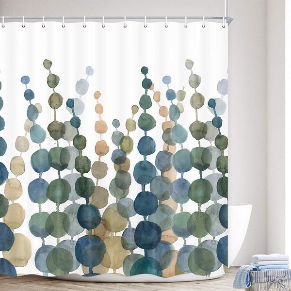

teal watercolor blue green leaves shower curtain,modern farmhouse floral art bath curtain,simple style waterproof fabric plant