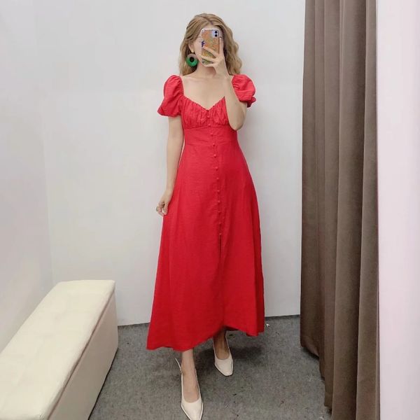 

20212021 women vintage puff sleeve single breasted red midi dress female back elastic casual slim vestidos chic party dresses ds3877, Black;gray