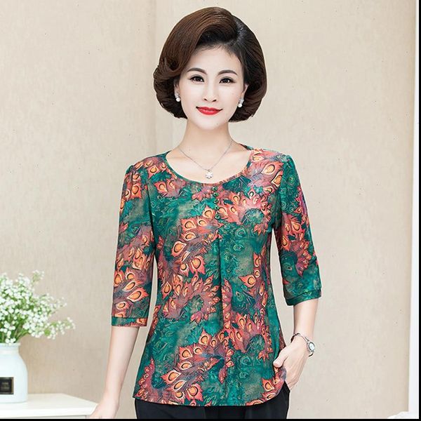 

middle aged and women shirt plus size o neck vintage summer three quarter sleeve print mother, White