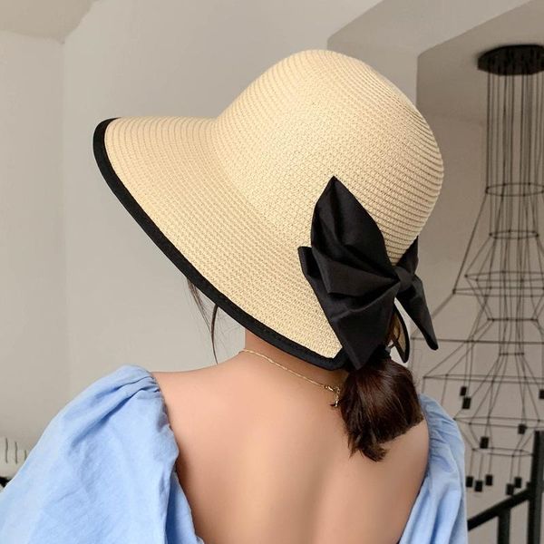 

wide brim hats summer and spring sunshade hat women's beach sunscreen sun wrapped bow, Blue;gray