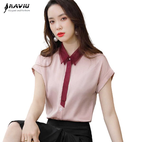 Camisa Rosa Mulheres Manga Curta Verão Magro Design Temperamento Chiffon Blusas Escritórios Escritórios Formal Trabalho Tops 210604