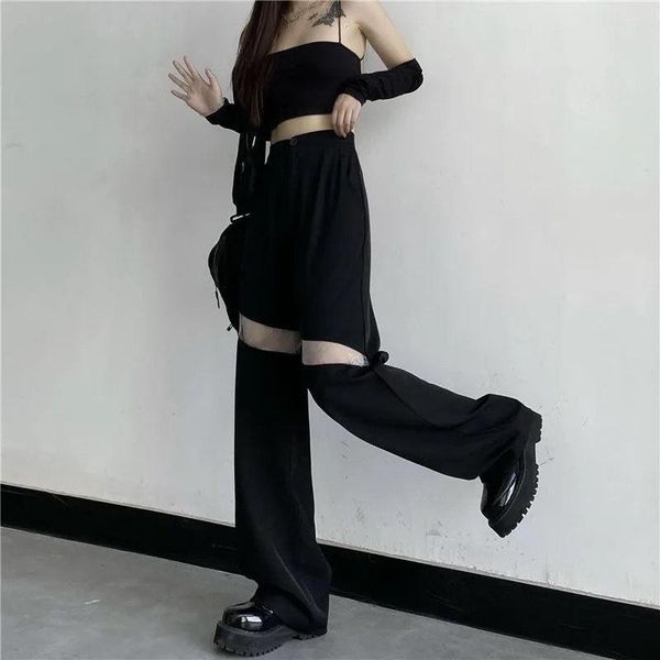 

women's pants & capris sxgoth pant halloween clothing emo loose lolita lace cut out long straight cyber gothic cargo women autumn ruche, Black;white