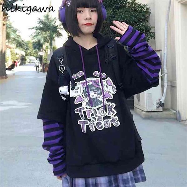 

hikigawa hoodie fake two piece hooded sweatshirt striped patchwork hoodies women japanese cartoon print harajuku cute 210826, Black