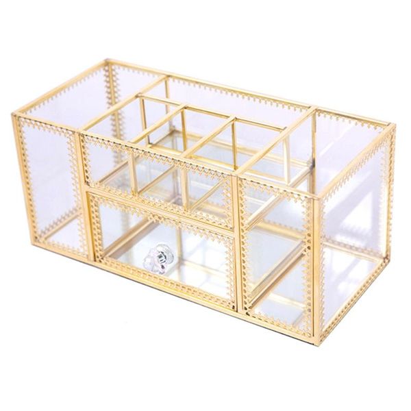 

make up storage baskets vintage golden polygon shaped organizer brass tone clear glass ornate jewelry sundries tray cosmetic bags & cases