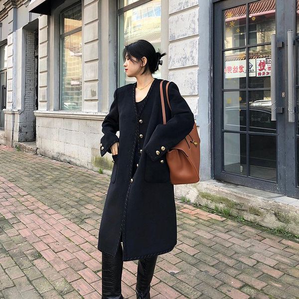 

women's wool & blends [ewq] autumn winter female turn-down collar long-sleeved single breasted loose minimalist cotton heavy woolen sui, Black