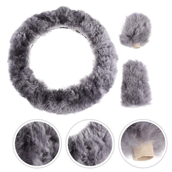 

steering wheel covers 3pcs car cover set fluffy gear handbrake (grey)