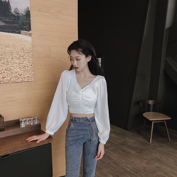 

women's blouses & shirts moda feminina clothing simple short office lady spring full solid v-neck puff sleeve and cropped feminino, White