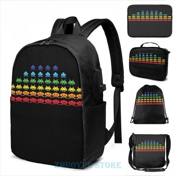 

backpack graphic print space invaders video game lovers vintage usb charge men school bags women bag travel laptop