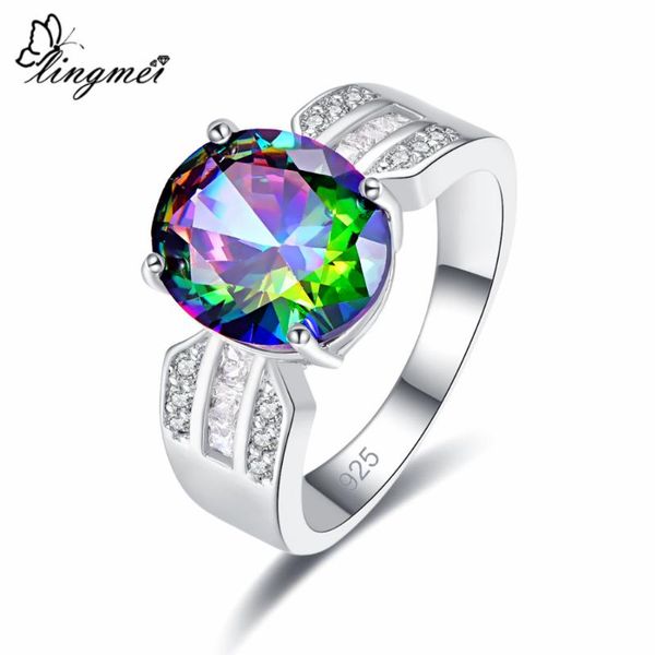 

wedding rings lingmei drop fashion chic oval cut multicolor & white green zircon silver 925 ring size 6 7 8 9 for women, Slivery;golden
