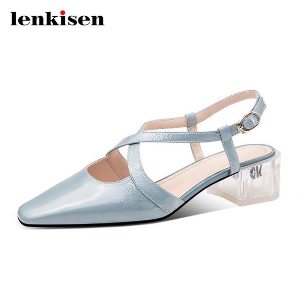 

dress shoes lenkisen 2021 cow leather small square toe med crystal heels buckle straps gentlewomen office lady daily wear summer pumps l72, Black