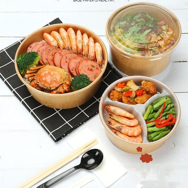

50pcs disposable kraft paper bowl round takeaway packaging salad fruit container1000ml large lunch boxes dessert box cups & straws