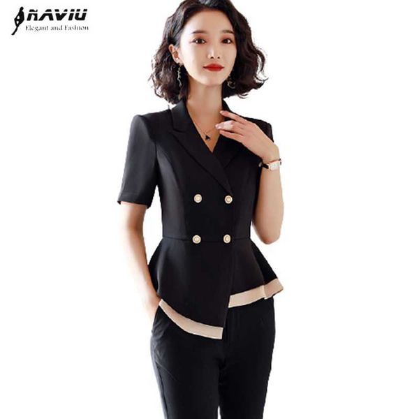 

pants suit women summer short sleeve blazer trousers fashion jewelry store work clothes temperament formal tooling 210604, White;black