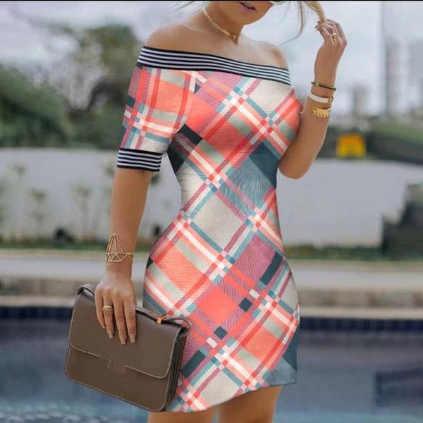 

ethnic clothing wepbel women elegant plaid skinny pencil dress ladies short sleeve off shoulder slim fit bodycon, Red