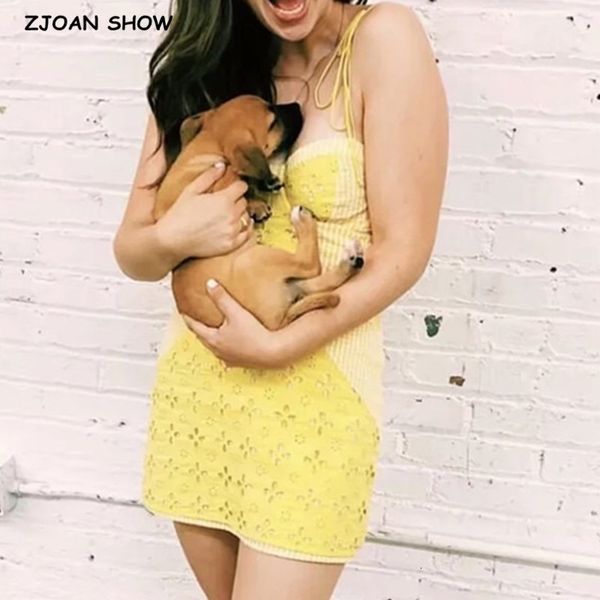 

casual dresses women yellow lace spliced plaid trim spaghetti strap mini romantic lady backless sleeveless party club bodycon, Black;gray