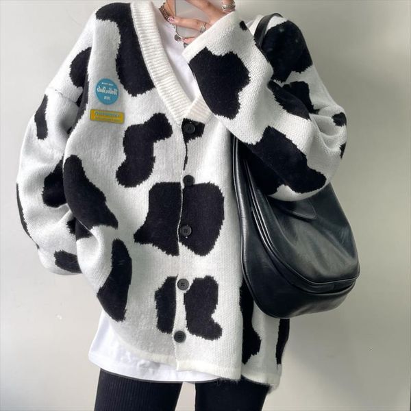 

japanese cow thick coat women sweater loose autumn and winter korean lazy knitted oversized cardigan, White;black