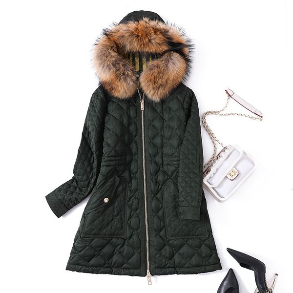 

down jacket bbr2 women's 20 lingge pocket hooded raccoon dog large fur collar winter coat medium length, Black