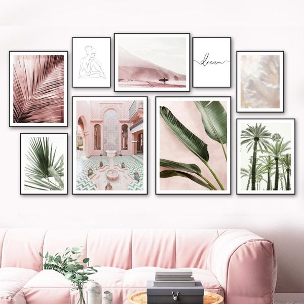 

paintings morocco fountain beach surfer palm leaf plant corals nordic poster wall art print canvas painting decor pictures for living room