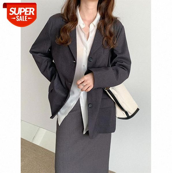 

tg mid-length suit jacket women korean style long-sleeved loose drape casual 9738 #sj3o, Black;gray