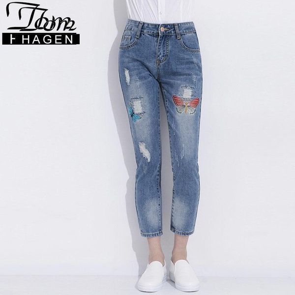 

fashion 2021 women's denim jeans with high waist ripped trousers embroidery destroyed women floral cotton pants, Blue