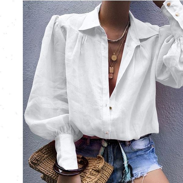 

autumn casual long womens shirts lantern sleeve solid office elegant buttons, White