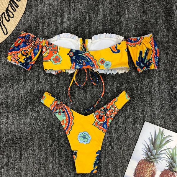 

vintage ruffled hem bikini set women print high-waisted two piece swimsuit 2021 girl beach bathing suit swimwear biquinis women's, White;black