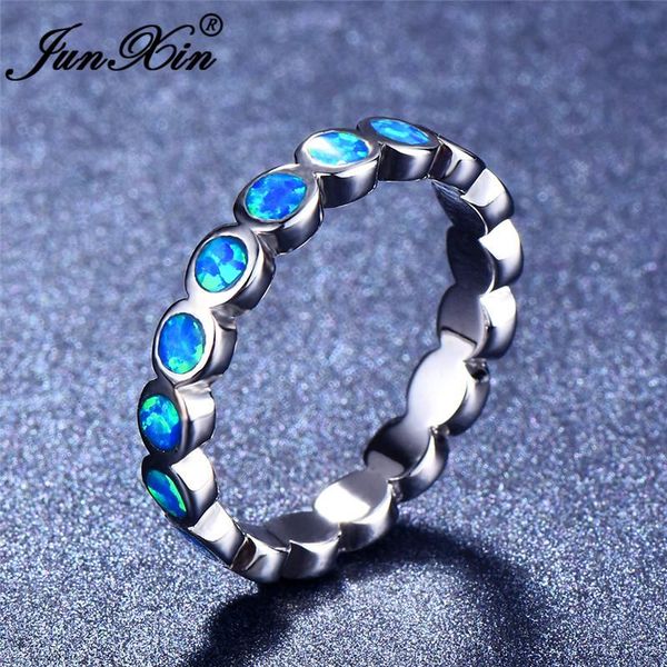 

wedding rings boho round stone white blue fire opal for women silver color female rainbow joint ring birthstone band jewelry, Slivery;golden