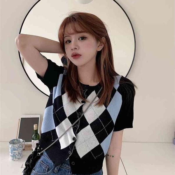 

fashionable american retro rhombus short-sleeved thin short section korean college knit cardigan summer sale 210520, Black;brown
