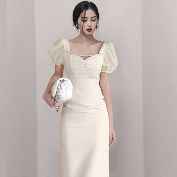Verão Moda Elegante Temperamento Mulheres Slim Puff Sleeve Dress Pearl OL 210531