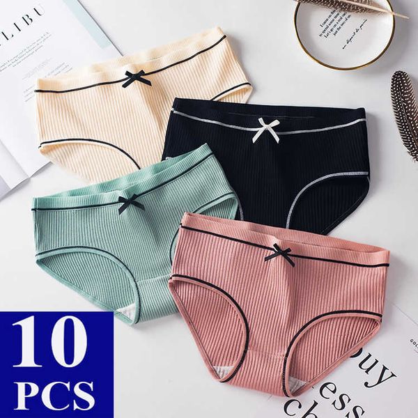 10 Teile/los Sexy Damen Höschen Baumwolle Höschen Slips Frauen Unterwäsche Dessous Femme Bow-knot Unterhose Damen Intimates Shorts 210720