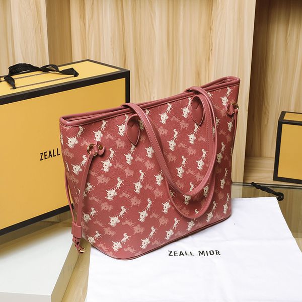 

handbag carriage red printed tote bag women's summer 2021 large capacity shoulder, Black;red
