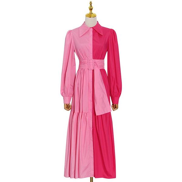 

casual dresses [eqw] two tone gathered waist belted women long lapel full sleeve colorblock trendy clothing 2021 autumn rose red shirt, Black;gray
