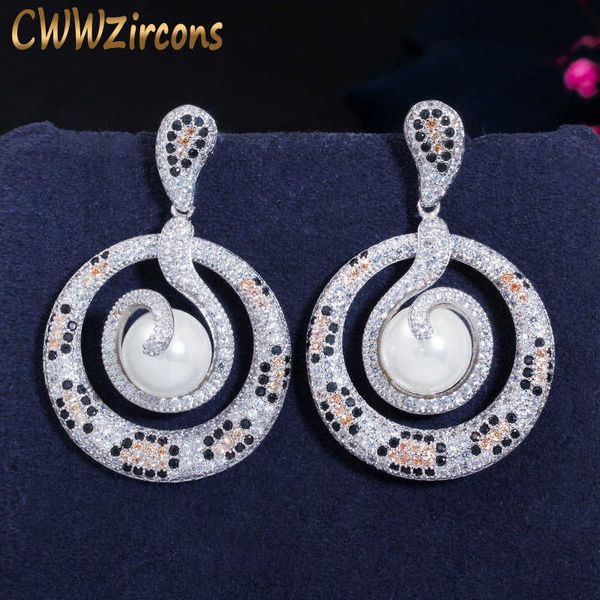 

shiny mixed color cubic zirconia leopard snake round dangle earrings with pearl luxury women party jewelry cz634 210714, Silver