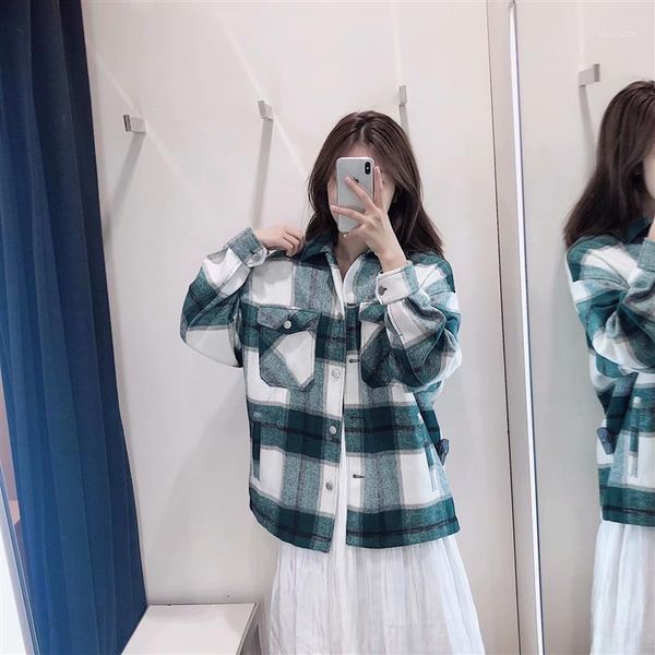 

women's jackets fall jacket women oversized autumn checkered pockets outerwear womens green white plaid streetwear, Black;brown