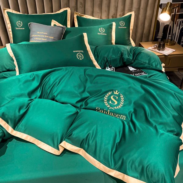 

nordic simple pure ice four piece fitted summer washed silk embroidered bed sheet quilt cover bedding