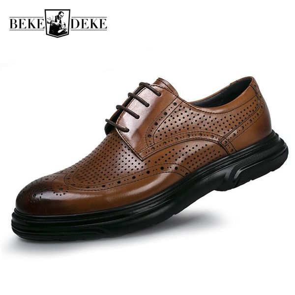 

dress shoes british style mens genuine leather business casual solid concise breathable vintage hollow out male fashion, Black