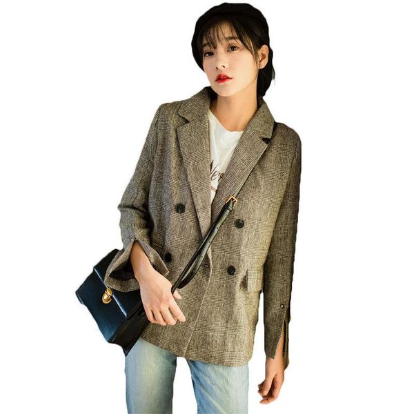

women's suits & blazers 2021 spring autumn korean vintage british double breasted gray plaid suit jacket for girls z275, White;black
