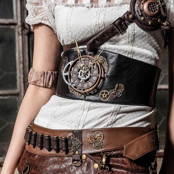 

belts steampunk women lady buckle wide waistband retro corset stretch waist belt fashion with metal compass, Black;brown